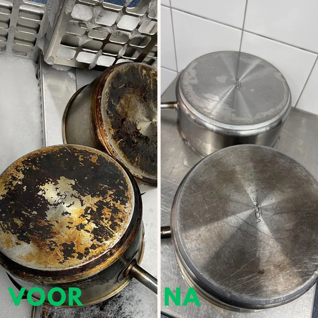 Voor en na resultaat: aangebrande pannen perfect schoon gereinigd met Horecatank